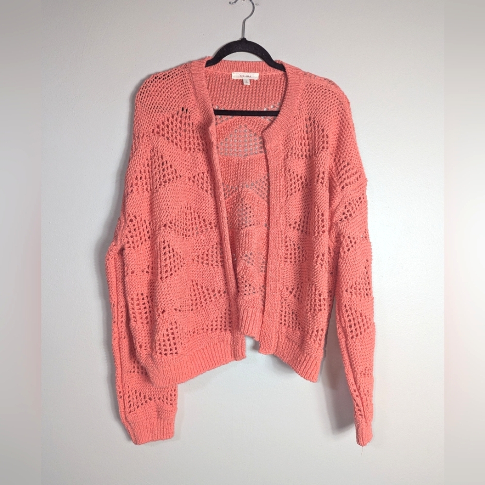 14 Per Una Peachy Coral Open Knit Open Front Cardigan